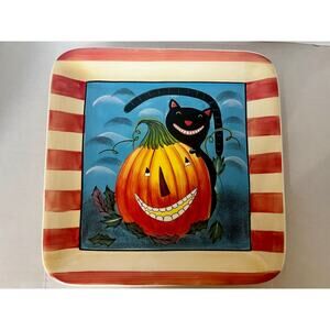 Vntg Halloween Jack O' Lantern Black Cat Square Dinner Plate 11" Wendy Bentley